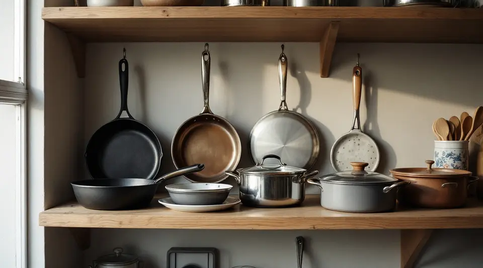 Gietijzeren, rvs, koperen en geëmailleerde pannen op een open houten plank in de keuken