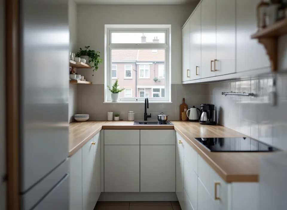 Een smalle keuken in een rijtjeshuis met witte kastjes, een eiken werkblad met een zwarte kookplaat en uitzicht op bakstenen huizen aan de overkant