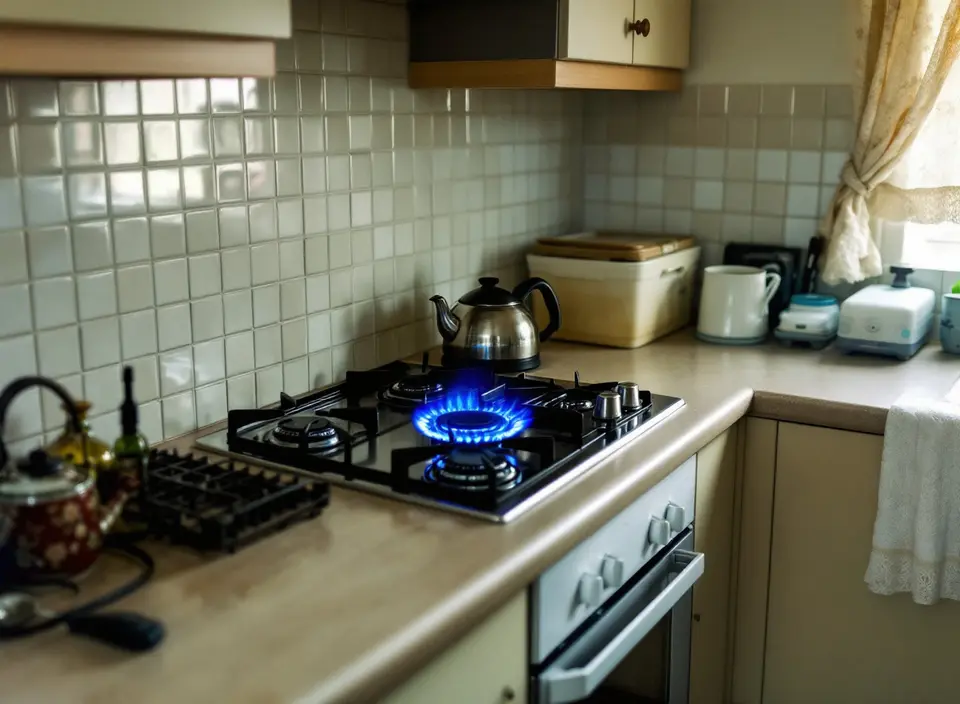 Een ingebouwde gaskookplaat met vier branders en één brandende vlam onder een fluitketel, in een keuken uit de jaren negentig met beige kastjes en vierkante tegels